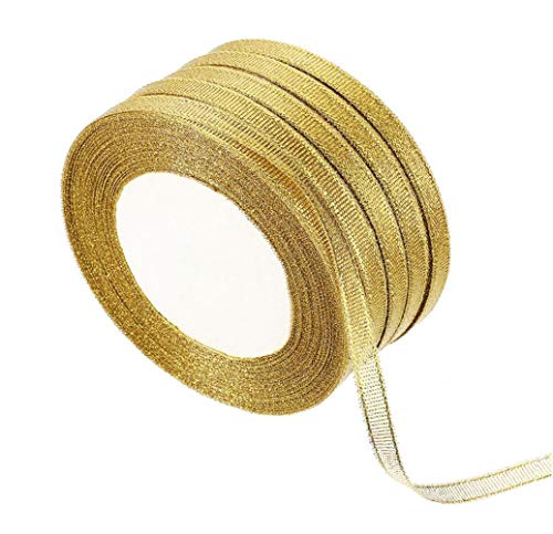 Upstore 5 Rollen 1cm x 22M Goldfarbene Metallic-Glitzer-Polyesterbänder Gold Geschenkband Weihnachten, – glitzernde Bastelverpackung, Dekoration für Hochzeit, Weihnachten, Neujahr, Ostern von Upstore