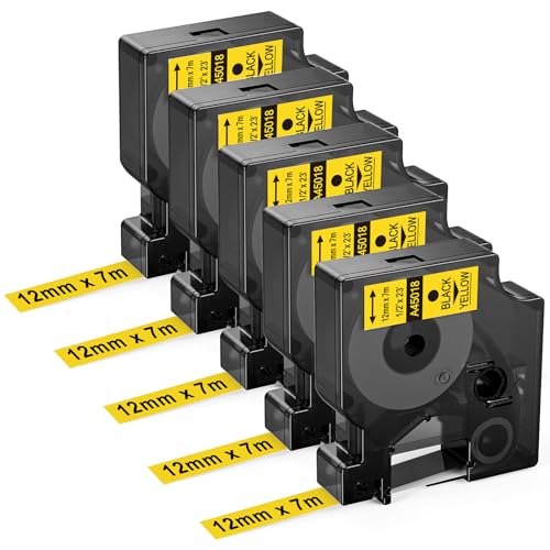 Upwinning 45018 12mm x 7m Kompatibel Dymo D1 Etikettenband Gelb 45018 S0720580, als Ersatz für D1 Etikettenband 12mm Schwarz auf Gelb für Dymo LabelManager 160 210D 260P 280 360D 420 LabelPoint 150 von Upwinning