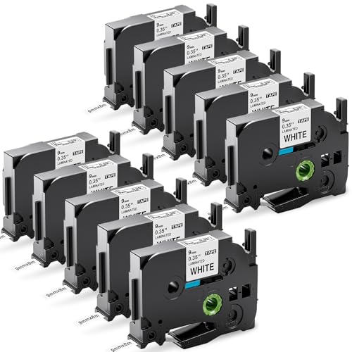 Upwinning Kompatibel mit Tze 9mm Schriftbänder als Ersatz für Brother P-touch Bänder 9mm x 8m TZe-221, Schwarz auf Weiß, 10x von Upwinning