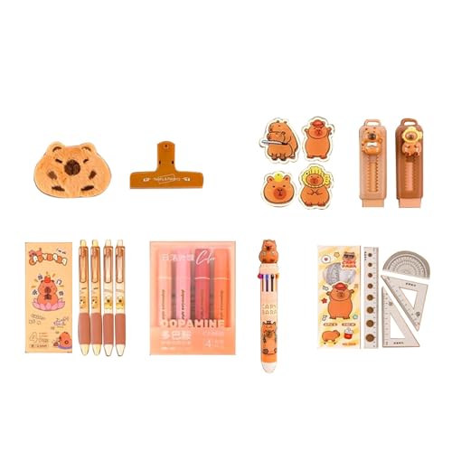 Schreibwaren mit großem Federmäppchen, Textmarker, Lineal, Radiergummi, Gelstift, Büroklammer, Aufkleber, Capybara, Schulbedarf, 9 Stück von Uqezagpa