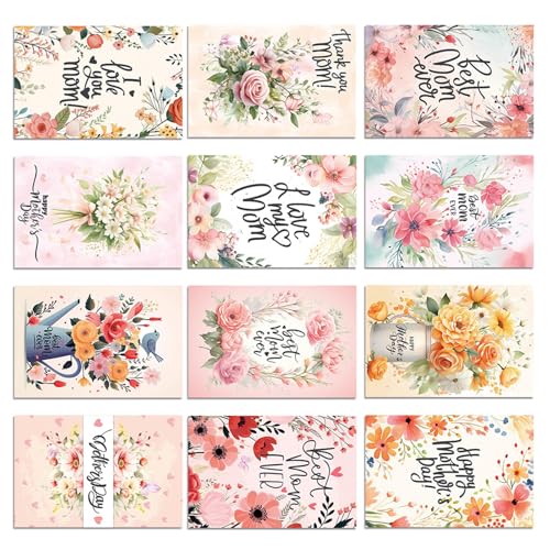 Uqezagpa 12-teiliges buntes Muttertags-Postkarten-Set mit Umschlägen, handgefertigte Grußkarten für Mama, Party und Urlaub von Uqezagpa