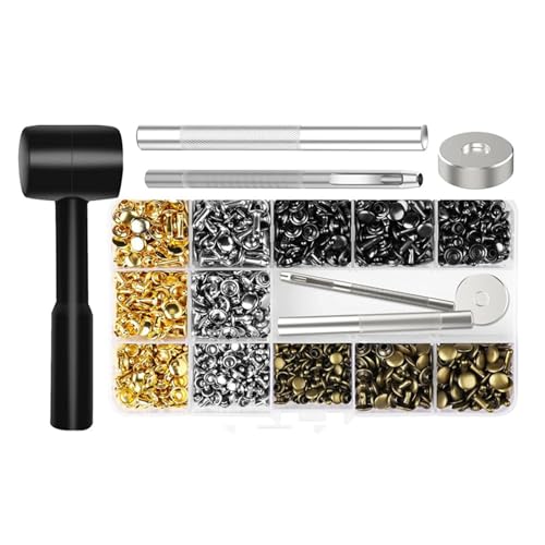 Uqezagpa 480 Set Leder Nieten Doppelkappen Nieten Metallnieten mit 3 Setzwerkzeug Hammer für Lederhandwerk von Uqezagpa