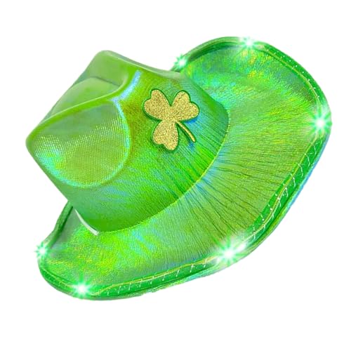 Uqezagpa Beliebter LED-Hut mit grünem Kleeblatt für StPatrick's Day, irische Feiertagsrequisiten, Partyhut, Festival, Thema, Veranstaltung, Kopfbedeckung für alle Altersgruppen, grüne Pailletten von Uqezagpa