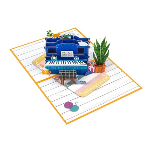 Uqezagpa Handgefertigte Grußkarte mit blauem Klavier, stilvolle 3D-Popup-blaue Klavierkarte zum künstlerischen Verschenken von Uqezagpa
