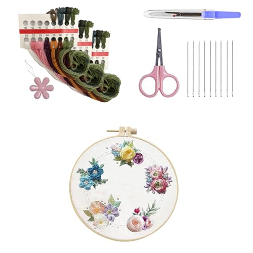 Uqezagpa Handgefertigte Sticksets mit Blumenmuster, Faden, Nadel, Stickerei-Starter-Kits, Nähsets, Kreuzstich von Uqezagpa