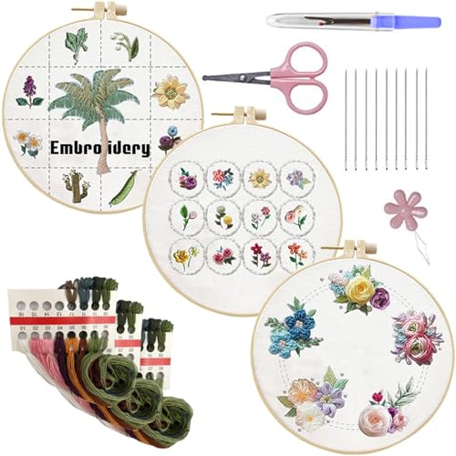 Uqezagpa Handgefertigte Sticksets mit Blumenmuster, Faden, Nadel, Stickerei-Starter-Kits, Nähsets, Kreuzstich von Uqezagpa