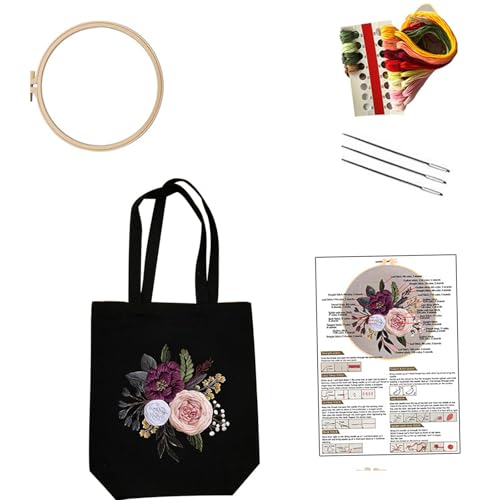 Uqezagpa Handgefertigtes Stickset aus Segeltuch mit Blumenmuster, Nadelgriff oben, Tasche, Stickerei-Starter-Kits, Nähen von Uqezagpa