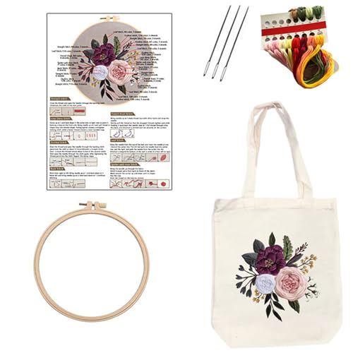 Uqezagpa Handgefertigtes Stickset aus Segeltuch mit Blumenmuster, Nadelgriff oben, Tasche, Stickerei-Starter-Kits, Nähen von Uqezagpa