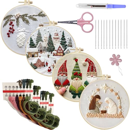 Uqezagpa Weihnachts-Sticksets mit Nadel und Faden, Stickerei-Starter-Kits, Nähsets, handgefertigter Stickrahmen von Uqezagpa