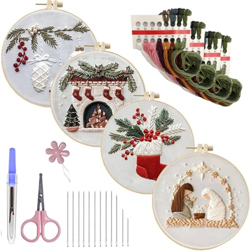 Uqezagpa Weihnachts-Sticksets mit Nadel und Faden, Stickerei-Starter-Kits, Nähsets, handgefertigter Stickrahmen von Uqezagpa
