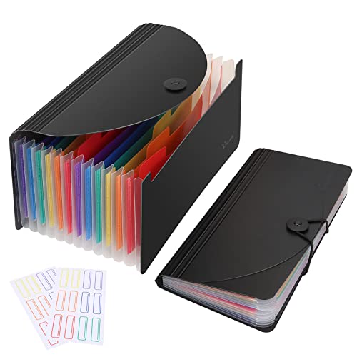 Uquelic 2pcs 13 Taschen Datei Ordner Organizer Kunststoff Datei Ordner Taschen Regenbogenfarben Akkordeon Dateiordner für Quittungen,Gutscheine, Scheckkarten, Coupons (Schwarz und Schwarz) von Uquelic