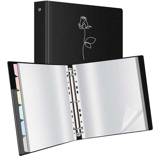 Uquelic Präsentationsbuch, Ringbücher mit 50 klarsichthüllen A4 glasklar (50 Mikron) und 6 bunten PP-Trennblättern, Ordner Organizer für Dokumente, Urkunden, Portfolio, Schwarz, Silber Rosen-Print von Uquelic