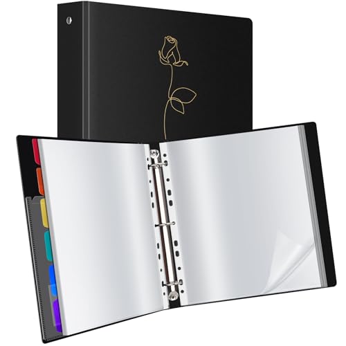 Uquelic Präsentationsbuch, Ringbücher mit 80 klarsichthüllen A4 glasklar (50 Mikron) und 6 bunten PP-Trennblättern, Ordner Organizer für Dokumente, Urkunden, Portfolio, Schwarz, Gold Rosen-Print von Uquelic