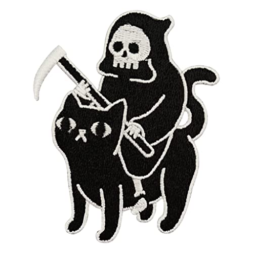 Urbanski Patch Death rides a black Cat der Tod reitet eine schwarze Katze Sensenmann Reaper zum Aufbügeln 8 x 6,2 cm | Aufnäher Applikation Bügelbild von Urbanski
