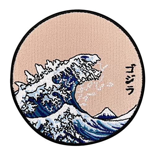 Urbanski Patch Godzilla and the Great Wave of Kanagawa (rund) zum Aufbügeln 8,5 x 8,5 cm | Aufnäher Applikation Bügelbild von Urbanski