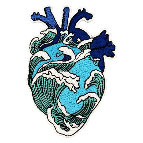 Urbanski Patch Meer Ozean Welle blaues anatomisches Herz zum Aufbügeln 10 x 7 cm | Aufnäher Applikation Bügelbild von Urbanski