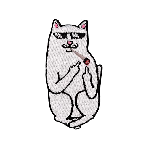 Urbanski Patch Thug Life Katze mit Brille zeigt Finger zum Aufbügeln 8 x 4,3 cm | Aufnäher Applikation Bügelbild von Urbanski