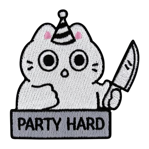 Urbanski Patch Verrückte Katze mit Messer und Hut Party Hard zum Aufbügeln 7,9 x 8 cm | Aufnäher Applikation Bügelbild Urbanski Patch Verrückte Katze mit Messer und Hut Party Hard zum Aufbügeln 7,9 x 8 cm | Aufnäher Applikation Bügelbild von Urbanski
