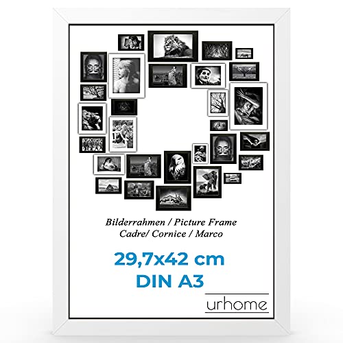 Urhome Bilderrahmen DIN A3 29,7 x 42 cm aus Abachi Holz Weiß für Aufhängung und Kunststoffscheibe - Ayous Fotorahmen für Bilder Kunstdrucke Fotos Gemälde Rahmen zum Aufhängen von Urhome