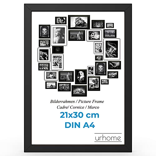 Urhome Bilderrahmen DIN A4 21 x 30 cm aus Abachi Holz Schwarz mit Standfuß und Kunststoffscheibe - Ayous Fotorahmen für Bilder Kunstdrucke Fotos Gemälde Rahmen zum Aufstellen von Urhome