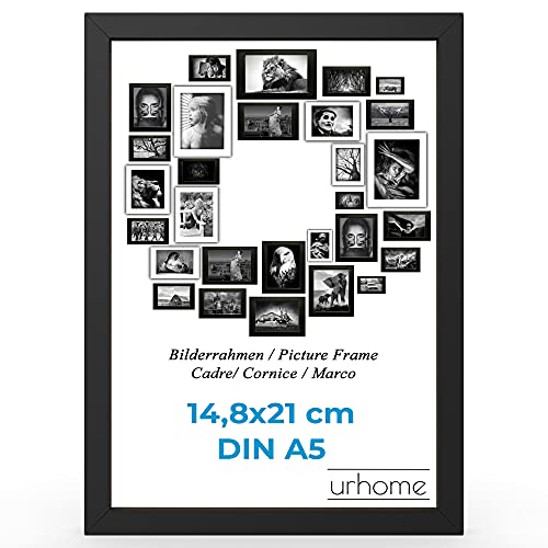 Urhome Bilderrahmen DIN A5 14,8 x 21 cm aus Abachi Holz Schwarz mit Standfuß und Kunststoffscheibe - Ayous Fotorahmen für Bilder Kunstdrucke Fotos Gemälde Rahmen zum Aufstellen von Urhome