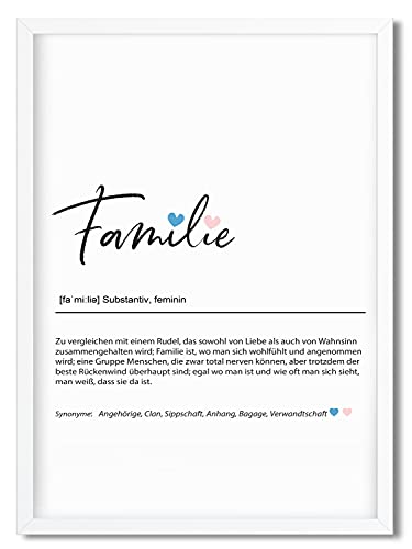 Urhome Kunstdruck Definition Familie mit Bilderrahmen Weiß in DIN A4 - Worterklärung wie im Duden Lexikon Wandbild Wanddeko mit Spruch Holz Rahmen für Wohnung Familie Freunde Geschenk von Urhome