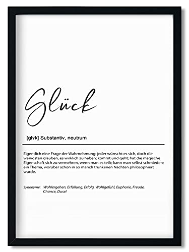 Urhome Kunstdruck Definition Glück mit Bilderrahmen Schwarz in DIN A4 - Worterklärung wie im Duden Lexikon Wandbild Wanddeko mit Spruch Holz Rahmen für Wohnung Familie Freunde Geschenk von Urhome