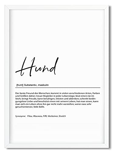 Urhome Kunstdruck Definition Hund mit Bilderrahmen Weiß in DIN A3 - Worterklärung wie im Duden Lexikon Wandbild Wanddeko mit Spruch Holz Rahmen für Wohnung Familie Freunde Geschenk von Urhome