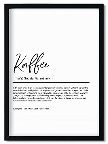 Urhome Kunstdruck Definition Kaffee mit Bilderrahmen Schwarz in DIN A3 - Worterklärung wie im Duden Lexikon Wandbild Wanddeko mit Spruch Holz Rahmen für Wohnung Familie Freunde Geschenk von Urhome