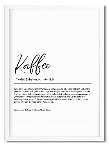 Urhome Kunstdruck Definition Kaffee mit Bilderrahmen Weiß in DIN A3 - Worterklärung wie im Duden Lexikon Wandbild Wanddeko mit Spruch Holz Rahmen für Wohnung Familie Freunde Geschenk von Urhome