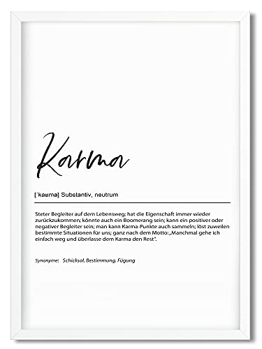 Urhome Kunstdruck Definition Karma mit Bilderrahmen Weiß in DIN A3 - Worterklärung wie im Duden Lexikon Wandbild Wanddeko mit Spruch Holz Rahmen für Wohnung Familie Freunde Geschenk von Urhome