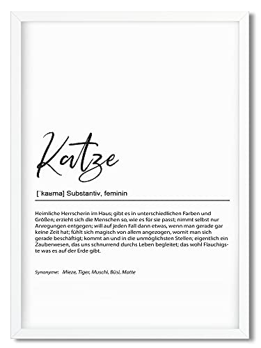 Urhome Kunstdruck Definition Katze mit Bilderrahmen Weiß in DIN A3 - Worterklärung wie im Duden Lexikon Wandbild Wanddeko mit Spruch Holz Rahmen für Wohnung Familie Freunde Geschenk von Urhome