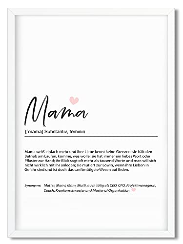 Urhome Kunstdruck Definition Mama mit Bilderrahmen Weiß in DIN A3 - Worterklärung wie im Duden Lexikon Wandbild Wanddeko mit Spruch Holz Rahmen für Wohnung Familie Freunde Geschenk von Urhome