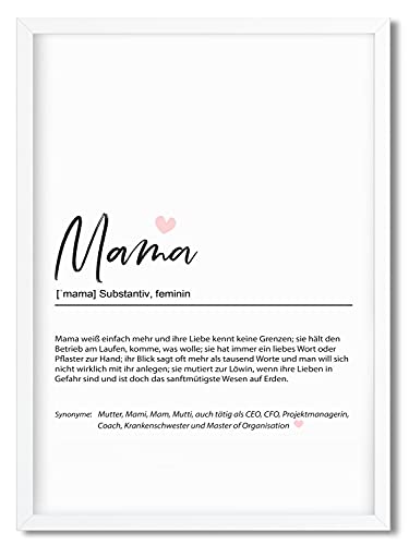 Urhome Kunstdruck Definition Mama mit Bilderrahmen Weiß in DIN A4 - Worterklärung wie im Duden Lexikon Wandbild Wanddeko mit Spruch Holz Rahmen für Wohnung Familie Freunde Geschenk von Urhome