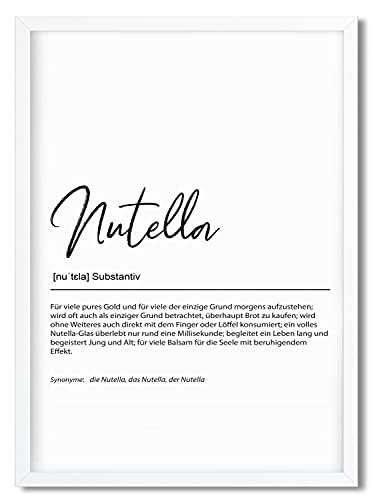 Urhome Kunstdruck Definition Nutella mit Bilderrahmen Weiß in DIN A4 - Worterklärung wie im Duden Lexikon Wandbild Wanddeko mit Spruch Holz Rahmen für Wohnung Familie Freunde Geschenk von Urhome