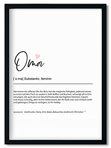 Urhome Kunstdruck Definition Oma mit Bilderrahmen Schwarz in DIN A4 - Worterklärung wie im Duden Lexikon Wandbild Wanddeko mit Spruch Holz Rahmen für Wohnung Familie Freunde Geschenk von Urhome