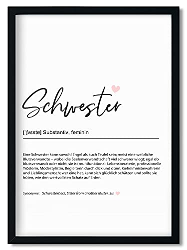 Urhome Kunstdruck Definition Schwester mit Bilderrahmen Schwarz in DIN A4 - Worterklärung wie im Duden Lexikon Wandbild Wanddeko mit Spruch Holz Rahmen für Wohnung Familie Freunde von Urhome