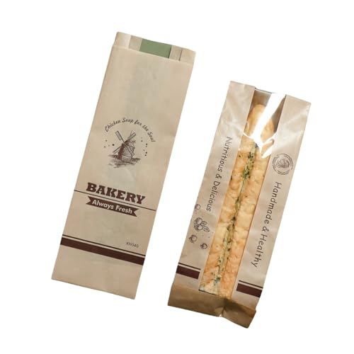 50 Stück französische Baguette-Papiertüten mit Fenster, 33 cm Baguette-Tüten, Papiertüten mit Fenster, transparente Brotbeutel, Heißsiegelbeutel Verpackung für Backwaren, Brotverpackung (braunes von Urier