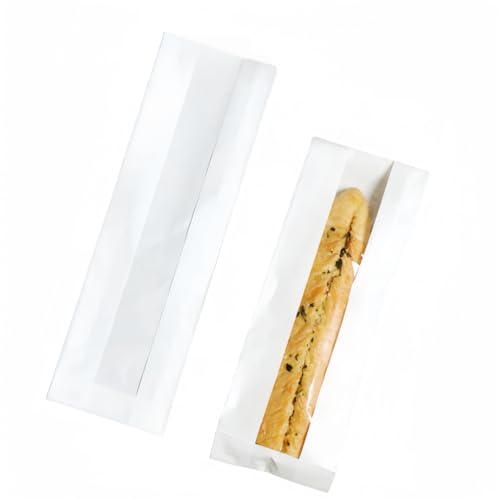 50 Stück französische Baguette-Papiertüten mit Fenster, 33 cm Baguette-Tüten, Papiertüten mit Fenster, transparente Brotbeutel, Heißsiegelbeutel Verpackung für Backwaren, Brotverpackung (weiß) von Urier