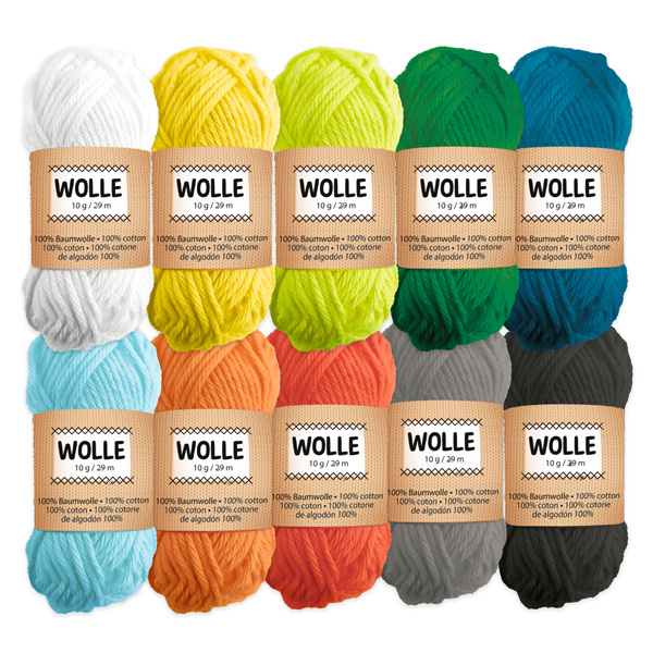 10 Knäule Wolle, intensive Farben