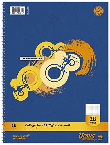 Collegeblock LIN28 A4 80 Blatt 70g/qm 5mm kariert mit Randlinien Collegeblock aus extraweissem, elementar chlorfrei gebleichtem Qualitätspapier (holzfrei). Einfaches Abtrennen der Blätter durch Abrisshilfe und Microperforation, Originalformat wird von Ursus