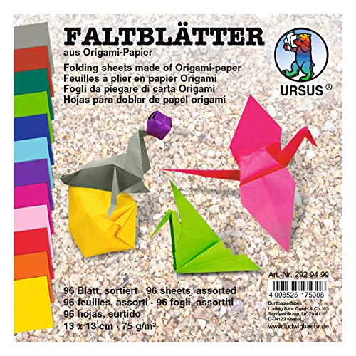 Ursus 2929499 Faltblätter aus Origami Papier, 13 x 13 cm, 75 g/qm, 96 Blatt sortiert in 12 intensiven Farben ideal zum Papierfalten und für andere kreative Bastelarbeiten von Ursus