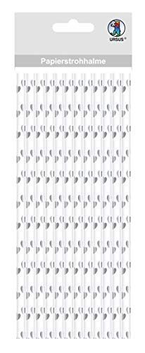 Ursus 56850010 - Papierstrohhalme mit Herzen, silber, Größe S, Länge ca. 19,5 cm, Durchmesser ca. 0,6 cm, 24 Stück, mit Folienveredelung, lebensmittelecht, zum Gestaltenm und Dekorieren von Ursus