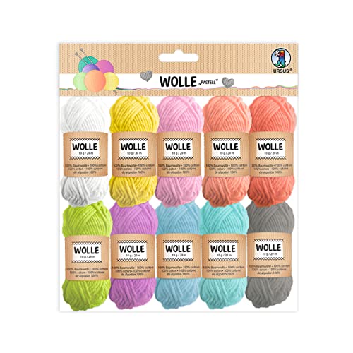 Ursus 56050099 - Wolle pastell, aus 100% Baumwolle, in 10 Pastellfarben, Knäuel á 10 g / 29 m, zum Stricken und Häkeln und für kleine Bastelprojekte von Ursus
