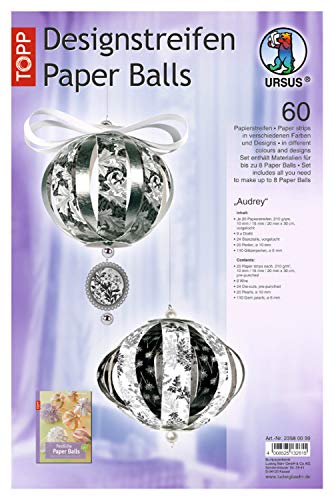 Ursus 23580099 - Designstreifen Paper Balls Audrey, Material für bis zu 8 Paper Balls, Durchmesser ca. 10 cm, 60 Streifen mit Zubehör, ideal zum Basteln von individuellen Weihnachtskugeln von Ursus