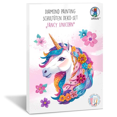 Ursus 10020001F - Diamond Painting Dekorations-Set Fancy Unicorn für eine Schultüte, 4 Bogen Bastelkarton, beidseitig bedruckt, vorgestanzt, genutet, mit Diamantsteinen und Satinband von Ursus