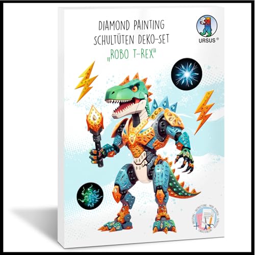 Ursus 10020002F - Diamond Painting Dekorations-Set Robo T-Rex für eine Schultüte, 4 Bogen Bastelkarton, beidseitig bedruckt, vorgestanzt, genutet, mit Diamantsteinen und Satinband von Ursus