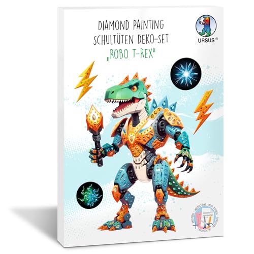 Ursus 10020002F - Diamond Painting Dekorations-Set "Robo T-Rex" für eine Schultüte, 4 Bogen Bastelkarton, beidseitig bedruckt, vorgestanzt, genutet, mit Diamantsteinen und Satinband von Ursus