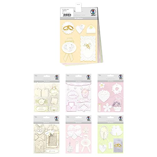 Ursus 56330006 - 3D-Sticker Set Wedding, Set mit 7 verschiedenfarbigen Stickerbogen, selbstklebend, leicht abziehbar, geeignet zur Kartengestaltung von Ursus