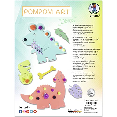 Ursus 43500009 - Pompon Art Dinos, Bastelset mit 6 Blatt Fotokarton sortiert in 6 verschiedenen Farben, DIN A4, 300 g/qm, mit glitzernden Pompons, für insgesamt 8 Dinos, inkl. Bastelanleitung von Ursus